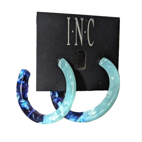 INC Blue & Aqua colorblock marble resin hoop earrings - Picture 1 of 3